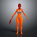 Woman With Orange Skin Red Hair Arm Tattoos Gray Bikini Holding Weapon With Red Decorations
