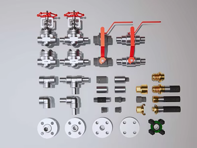 Industrial Valves And Pipe Fittings With Red Handles Brass Components And Flanges 3d model
