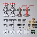 Industrial Valves And Pipe Fittings With Red Handles Brass Components And Flanges