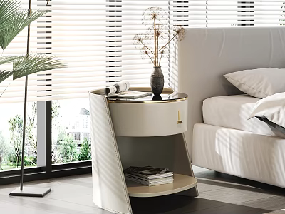 Modern White Bedside Table with Vase and Magazine in Bedroom with Bed and Green Plants 3d model
