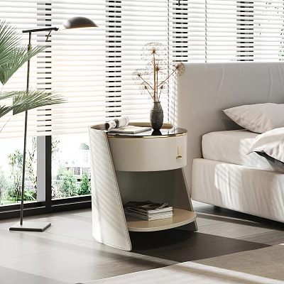 Modern White Bedside Table with Vase and Magazine in Bedroom with Bed and Green Plants 3d model