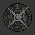 Ancient Round Shield With Central Metal Boss Intricate Engravings And Wooden Frame
