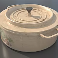 Cream Colored Cooking Pot With Lid Double Handles And Hand Painted Vegetable Design