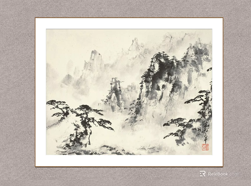 Framed Traditional Chinese Ink Painting With Scenic Misty Mountains And Pine Trees 3d model 