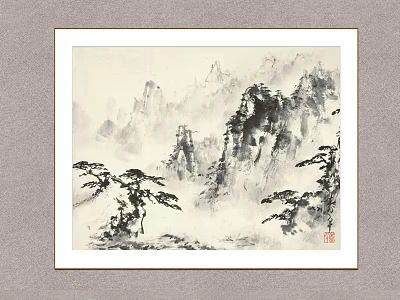 Framed Traditional Chinese Ink Painting With Scenic Misty Mountains And Pine Trees 3d model