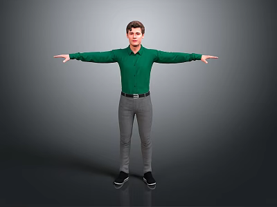 Man In Green Shirt Gray Pants And Black Shoes With Arms Outstretched Against Gray Background 3d model