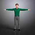 Man In Green Shirt Gray Pants And Black Shoes With Arms Outstretched Against Gray Background