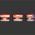 Danone Yogurt Cups With Red Lids White Bodies Different Flavors And Reflections On Dark Background