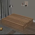 Wooden Double Bed with Underbed Drawers in Minimalist Bedroom with Window and Floor Lamp
