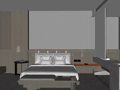 Modern Hotel Guest Room Interior With Comfortable Bed Nightstand And Table Lamp 3d model