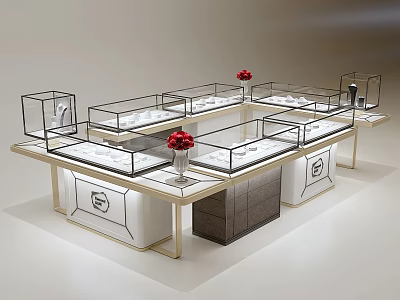 Luxury Jewelry Display Shelves With Glass Doors White Gold Frames And Red Flowers 3d model