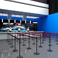 Futuristic Exhibition Display With Illuminated Pillars And Central Exhibit In Modern Architectural Space