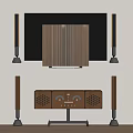 Modern Wall Mounted TV With Wooden Panel And Surround Sound Speakers