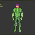 Humanoid Superhero Character in Green Black Suit with Chest Emblem Standing on Gray Background