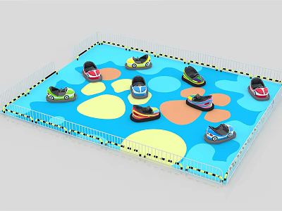 Small Colorful Bumper Cars Amusement Equipment on Blue Floor with Circular Patterns and Fence 3d model