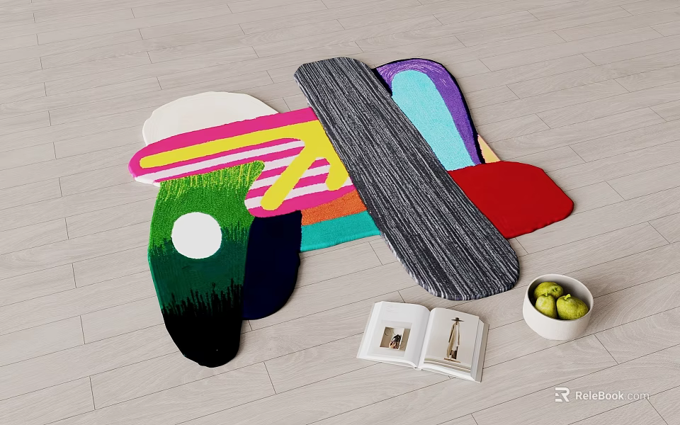 Colorful Shaped Carpets with Abstract Vibrant Designs and Green Apples Open Book on Wooden Floor 3d model 