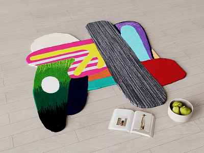 Colorful Shaped Carpets with Abstract Vibrant Designs and Green Apples Open Book on Wooden Floor 3d model