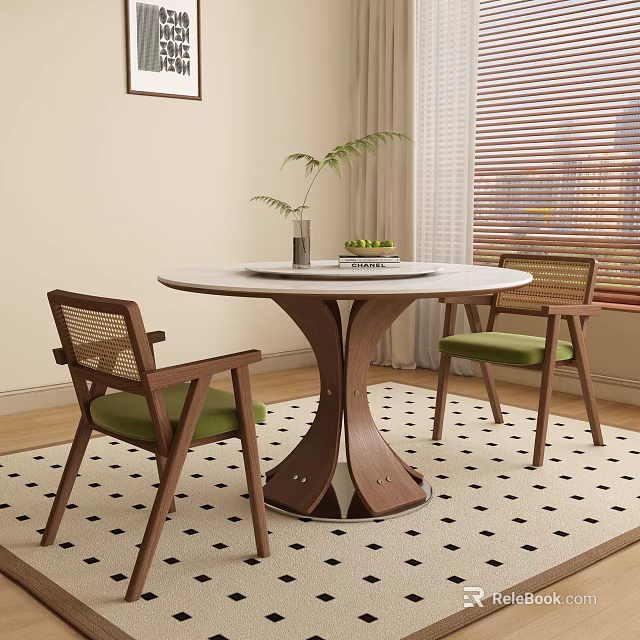 Wooden Round Dining Table With Woven Back Chairs Green Cushions Vase Plant And Tray 3d model 
