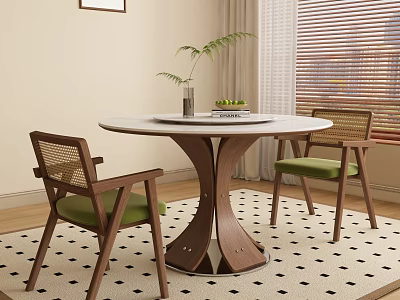 Wooden Round Dining Table With Woven Back Chairs Green Cushions Vase Plant And Tray 3d model