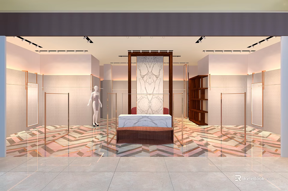 Modern Clothing Store Interior With Clothing Racks Mannequin Decorative Screen And Geometric Floor 3d model 
