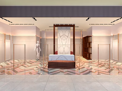 Modern Clothing Store Interior With Clothing Racks Mannequin Decorative Screen And Geometric Floor 3d model