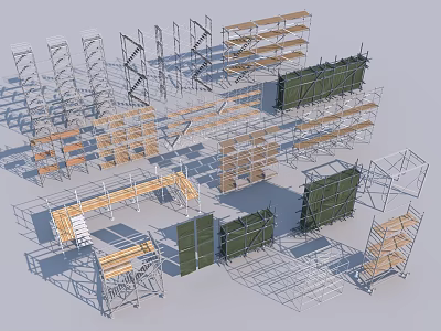 Diverse Construction Scaffolding Components Including Metal Frames Planks and Support Structures 3d model