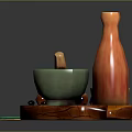 Traditional Kitchen Utensils On Wooden Tray With Mortar Pestle Orange Bottle And Small Green Bowls