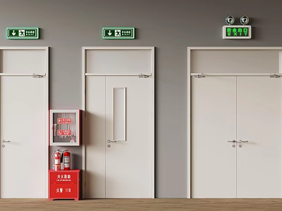 Fire Safety Emergency Exit Doors With Red Fire Extinguisher Cabinet 3d model