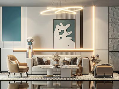 Modern Sofa And Coffee Table Set With Armchair Throw Pillows Decorative Painting And Chandelier 3d model