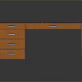 Wooden Desk With Black Top And Three Drawers Featuring Metal Handles