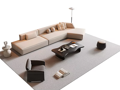 Modern Beige L Shaped Sofa and Black Coffee Table Set with Accent Chair Floor Lamp 3d model