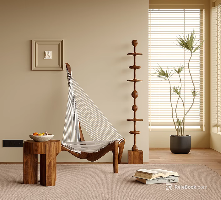 Cozy Indoor Hammock Chair With Wooden Frame Side Table Decorative Shelf And Potted Plant 3d model 