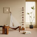 Cozy Indoor Hammock Chair With Wooden Frame Side Table Decorative Shelf And Potted Plant