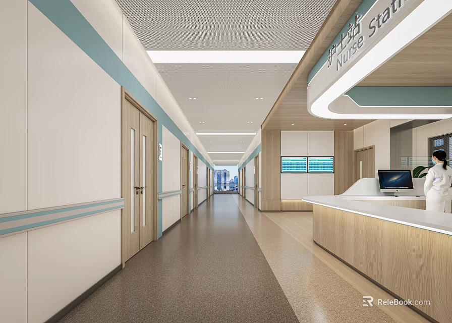 Modern Hospital Outpatient Clinic Interior With Nurse Station And Corridor Design 3d model 