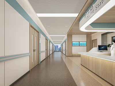 Modern Hospital Outpatient Clinic Interior With Nurse Station And Corridor Design 3d model