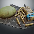 Weapon Elements Including Grenade Bullets Walkie Talkie And Ammunition Box On Patterned Cloth 3d model