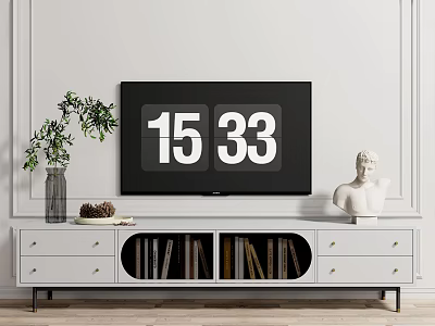 Modern White TV Stand With Drawers Open Shelves Books Vase Plant And Sculpture 3d model