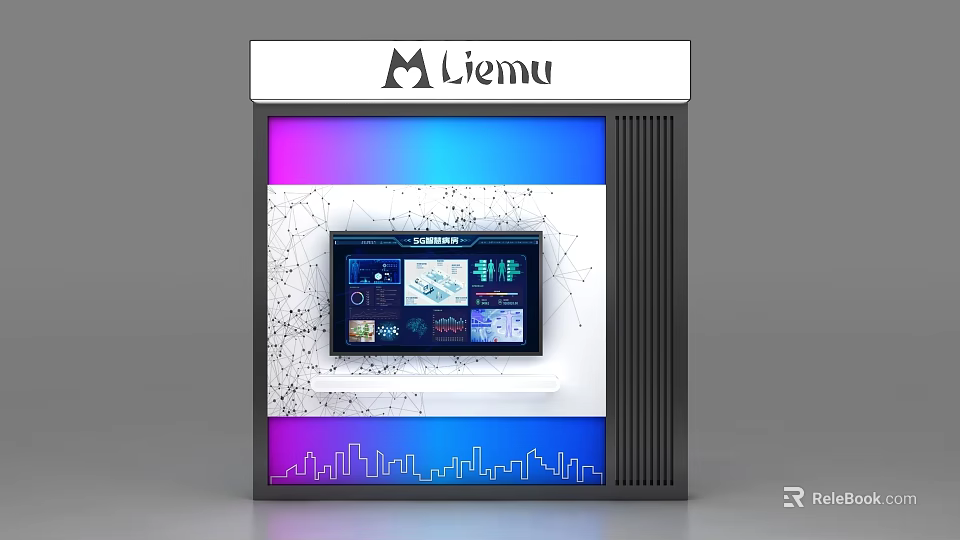 Modern Liemu Display Shelf With Digital Screen Data Charts And Gradient Lighting City Skyline 3d model