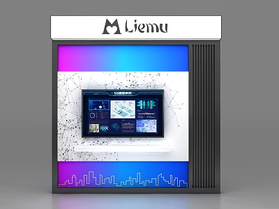 Modern Liemu Display Shelf With Digital Screen Data Charts And Gradient Lighting City Skyline 3d model