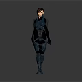 Futuristic Sci Fi Female Character in Blue Black Tech Armor Standing Against Gray Background