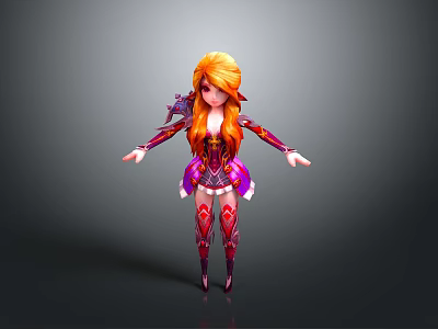 3D Rendered Woman with Orange Long Hair Purple Red Outfit Armor Details Arms Outstretched 3d model