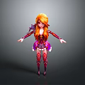 3D Rendered Woman with Orange Long Hair Purple Red Outfit Armor Details Arms Outstretched