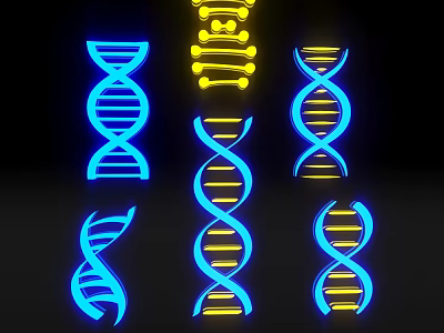 Glowing DNA Double Helix Structures In Blue And Yellow Neon Lights 3d model