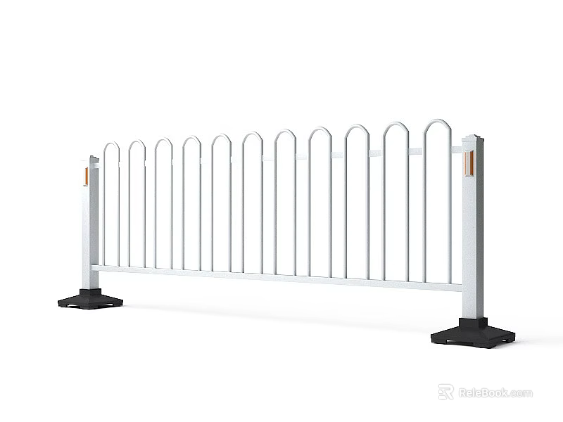 Municipal Road Guardrail With White Curved Rails Black Base And Reflective Strips 3d model 