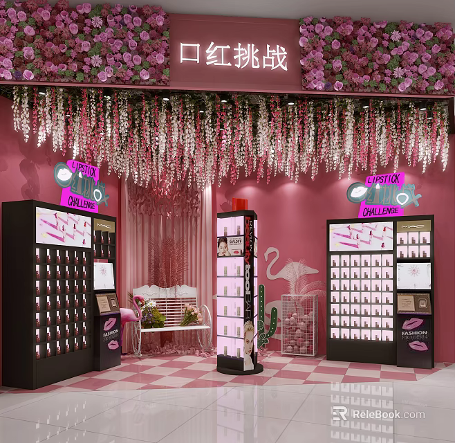 Vibrant Lipstick Store with Custom Color Shades Pink Floral Decor and Flamingo Display Stands 3d model 