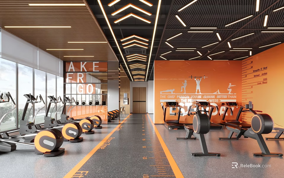 Modern Gym Workout Space With Fitness Equipment And Orange Interior Design 3d model 