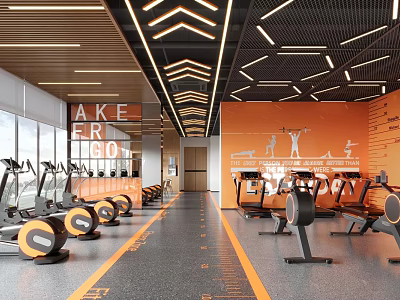 Modern Gym Workout Space With Fitness Equipment And Orange Interior Design 3d model