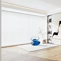 White Vertical Blinds Modern Living Room With Wooden Floor Blue Glass Decor And Wall Art