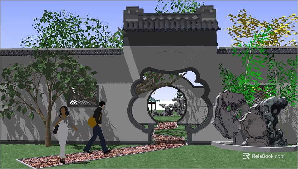Traditional Chinese Scenic Wall with Circular Gateway Courtyard Rockery Pavilion and Trees 3d model 
