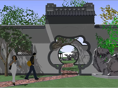 Traditional Chinese Scenic Wall with Circular Gateway Courtyard Rockery Pavilion and Trees 3d model